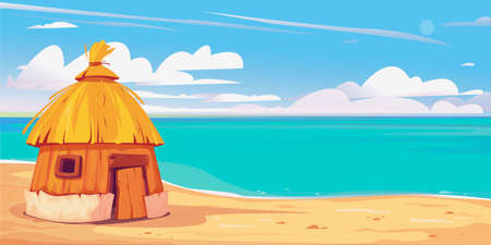 Bungalow house on the sandy beach. Maldives clipart. Beautiful clouds. Background for cruise, travel, summer marine print. Pacific Ocean.のイラスト素材