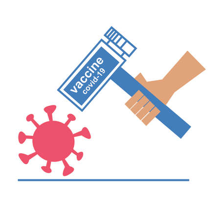 A hammer with the inscription Covid-19 vaccine. The concept of the end of the pandemic and the victory over the coronavirus. Vector illustration in flat style. Isolated clipart on a white background.のイラスト素材
