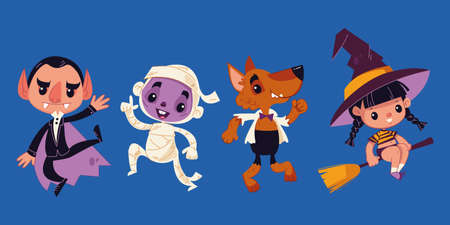 Halloween monsters. Halloween characters - dracula, mummy, wolf, witch. Vector illustration in cartoon children s style. Isolated funny clipart on white backgroundのイラスト素材