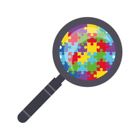 A magnifying glass through which you can see the details of the puzzle. Autism symbol. World Autism Awareness Day. Studying the problem of autism. Vector illustration in flat style. Isolated clipartのイラスト素材