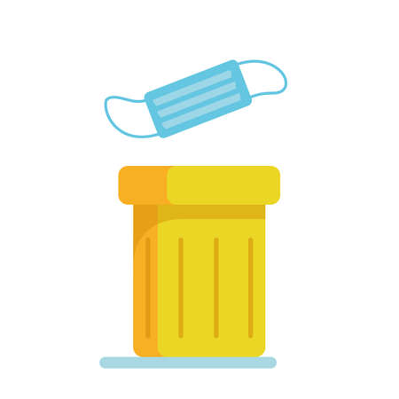 The yellow trash can into which the used face mask is thrown away. End of the pandemic and universal vaccination. Vector illustration in flat style. Isolated clipart on white backgroundのイラスト素材