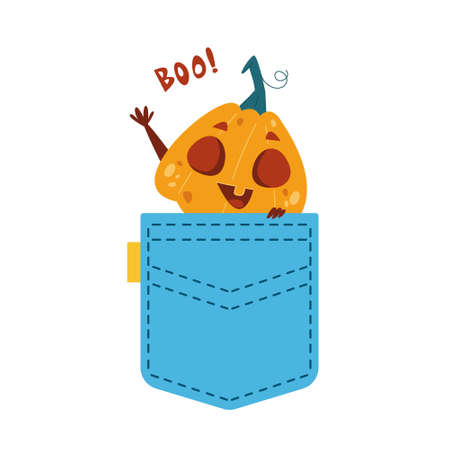 A cute blue pocket from which a pumpkin peeks out and waves. Cartoon cute child halloween character. Vector illustration in flat cartoon style. Isolated clipart on a white background fun.のイラスト素材