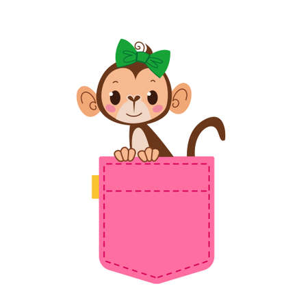 A cute pocket of pink jeans from which a monkey girl with a bow on her head peeps. Women s clothing. Template for text and themes. Vector illustration in flat cartoon style. Isolated clipartのイラスト素材