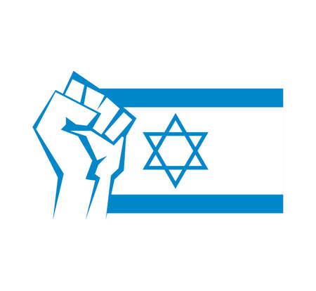 Clenched fist against the background of the flag of Israel. Star of David and blue stripes bottle. Symbol of freedom and military resistance between Israel and Palestine. Isolated clipartのイラスト素材