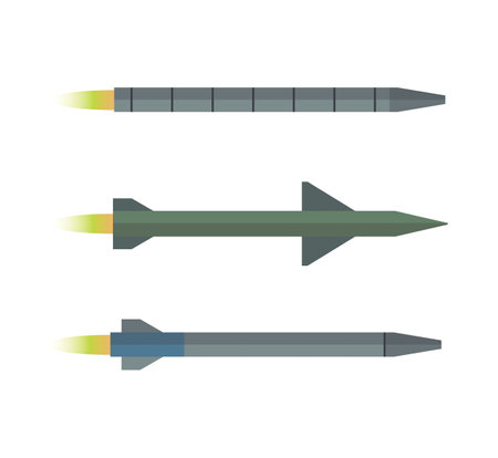 A set of three rockets. Military weapons clipart collection. Nuclear missiles. Vector illustration in flat style. Isolated clipartのイラスト素材
