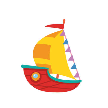 Cute children s boat with a yellow sail. Sea transport. Vector illustration in cartoon children s style. Isolated funny clipart on a white background. Cute printのイラスト素材