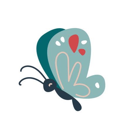 Blue butterfly isolated vector on white background. Minimalistic children s print. Insect with wingsのイラスト素材