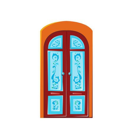Beautiful wooden door with blue stained glass. Vector illustration in cartoon style for children. Isolated funny clipart on a white background. Part of the interior funのイラスト素材