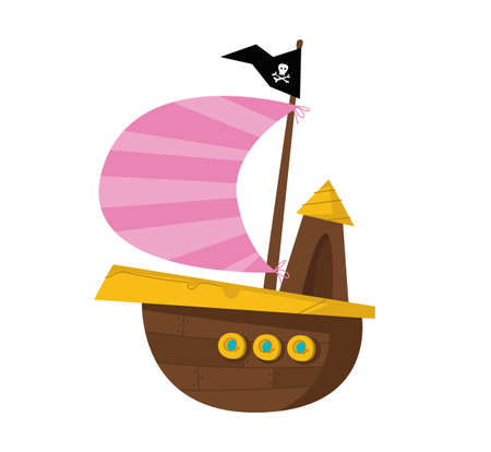 Pirate ship on a white background with a black flag and a pink striped sail. Vector illustration in cartoon children s style. Isolated funny clipart on a white background. Cute print funのイラスト素材