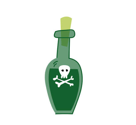 Poison bottle on white background, vector. Green bottle with pirate rum. Isolated clipart cartoonのイラスト素材