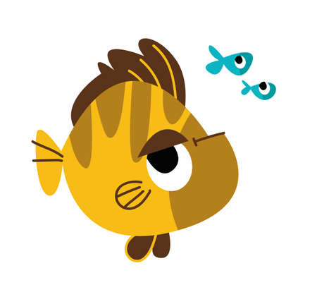 Yellow striped fish and several small sea fish. Collection of marine fish. Vector illustration of a character in a cartoon children s style. Isolated funny clipart on a white background. Marine print.のイラスト素材