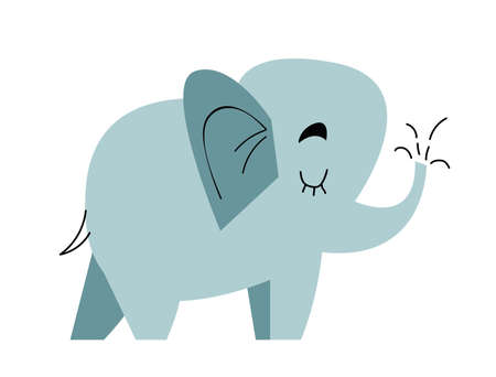 Elephant Funny Childish Cartoon Style Flat Vector Illustration In Bright Colors Isolated On White Background. Cartoon elephant with line and fillのイラスト素材