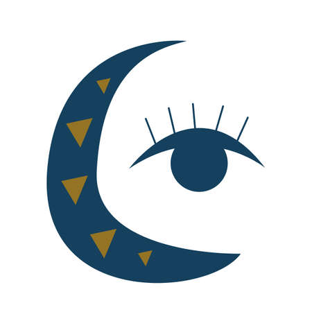 Golden moon in the night sky with stars and an eye. Mystical symbol logo isolated on white background. Tarot and abstractionのイラスト素材