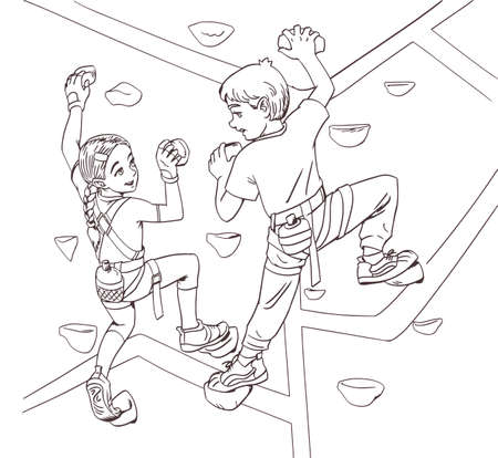 A girl and a boy climbers climb an artificial mountain. Coloring book anti stress design for kids and adults. Illustration line isolated on white background. Kids sports workout entertainmentのイラスト素材