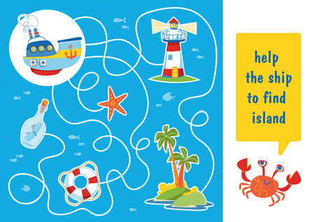 Labyrinth sea voyage. The ship sails through the maze to the island. Find a path way to land across the ocean. The game is square. Educational task for preschoolers in cartoon children s style vector.のイラスト素材