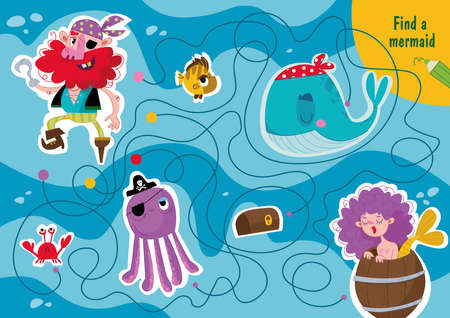 A maze game for boys, Pirate is looking for a path to a mermaid and treasures. Marine game Labyrinth walker. Vector cartoon funny illustration. Developing Assignment for Preschoolers funのイラスト素材