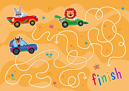 Maze game for boys racing in the desert. Help the cars reach the finish line. Animal drivers are looking for their way in a fun Labyrinth game. Vector funny illustration. Assignment for preschoolersのイラスト素材