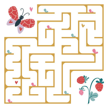 The butterfly flies to the strawberry through the maze. A square maze in beautiful delicate colors. Labyrinth for a child s problem. The development of preschoolers. Vector illustration cuteのイラスト素材