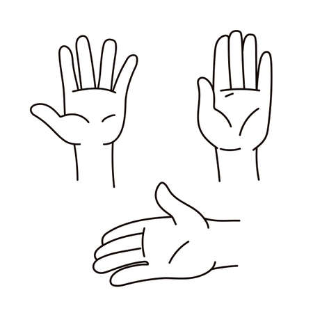 Hands drawn with black line vector. A set of open palms in different gestures. Human hands collectionのイラスト素材