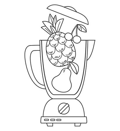 Blender in which fruits are poured - pineapple, cherry and pear. Black and white outline line illustration. Kitchen equipment isolated iconのイラスト素材