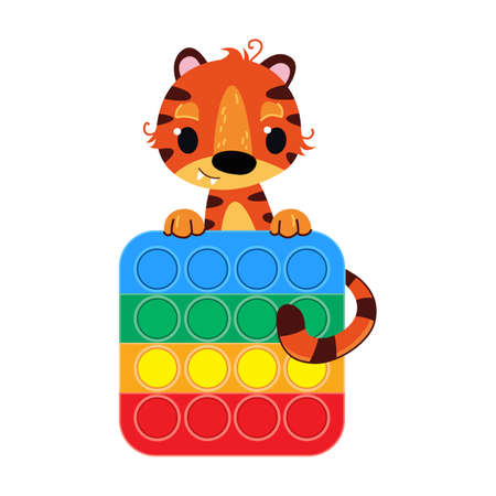 A cute cartoon tiger is holding a pop it antistress toy. Anti-stress game. Popular modern toy on a white background fun. Pop it trend 2021. Symbol of the new 2022 kidsのイラスト素材