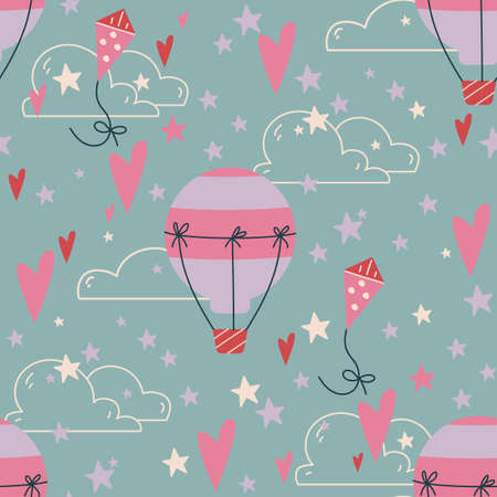 Seamless pattern with pink balloons and a kite on a dark background. Vector pattern for children in boho style. Beautiful flat art baby texture cuteのイラスト素材