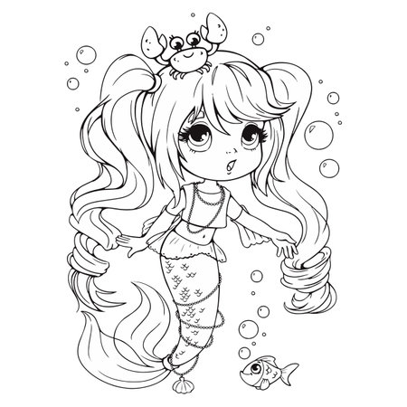 Cute little mermaid with a crab on her head coloring book. Coloring book for girls with a beautiful little mermaid. Vector line illustration in cartoon childish style. Isolated clipart on white.のイラスト素材
