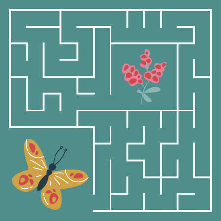 Mini game for children. A butterfly flies to the berries through the maze on a green background. A square maze in beautiful gentle colors. The development of preschoolers. Vector cute illustration funのイラスト素材