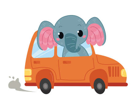 Elephant driver rides in cartoon cute orange car. Vector illustration in cartoon children s style. Isolated funny clipart on a white background. Cute print for boy cuteのイラスト素材