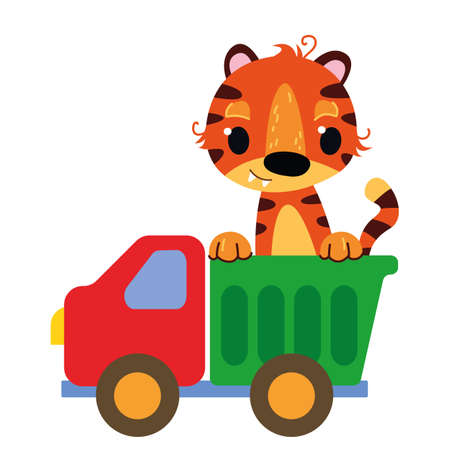 A tiger cub sits in a toy truck. Vector illustration in cartoon children s style. Isolated funny clipart on a white background. Cute print for boy funのイラスト素材