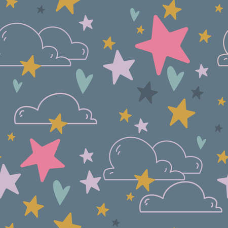 Pattern of stars and clouds in boho style on a dark gray background. Vector illustration. Cute print seamless patternのイラスト素材