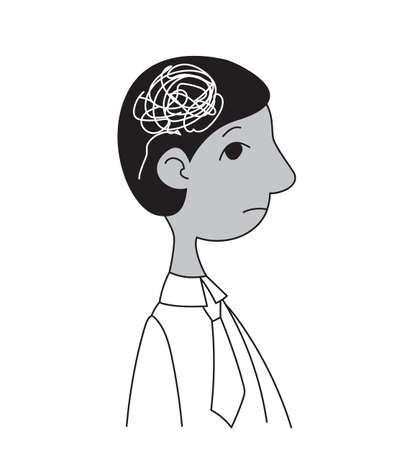 Profile of a male manager with white scribbles in his head. Stress and psychological problems vector icon. Flat line style, human profile, white background.のイラスト素材