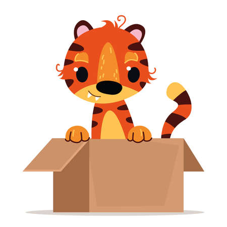 Little tiger cub in a box drawn by children, year of the zodiac animal, vector cartoon illustration on a white background clipart. Cartoon character funのイラスト素材