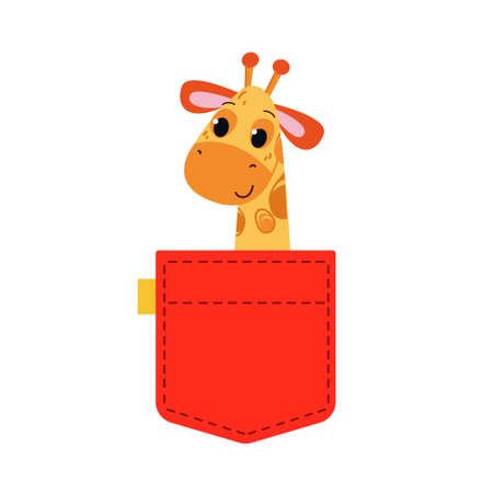 A giraffe is sitting in a red pocket. A cute gimraph peeks out of his pocket. Vector illustration in cartoon children s style. Isolated funny character. Clipart on a white background. Cute print funのイラスト素材