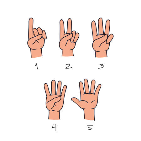 Hands count on fingers from 1 to 5. A set of three hands. Vector illustration in cartoon children s style. Isolated clipart on white background.のイラスト素材