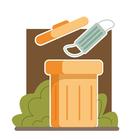 A protective medical mask is used. Yellow trash can. Concept of the end of the pandemic and the COVID-19 disease. Flat clipart illustration isolated on bushes and blue oval background.のイラスト素材