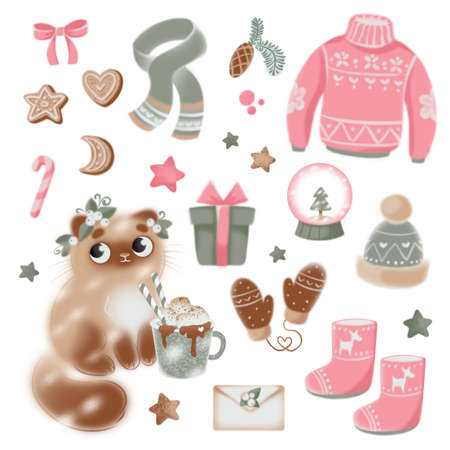 Collection of winter and new year elements in gentle pastel shades. Cat, cocoa and warm winter clothes. Isolated funny clipart on a white background. Cute print catの写真素材