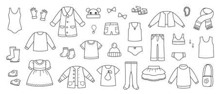 Collection of baby clothes vector. Coloring book wardrobe items set. Baby clothes black and white. Isolated clipart dress, accessories and pants childのイラスト素材