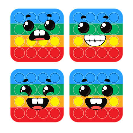 Pop it a collection of antistress toys with different emotions. Vector character illustration in cartoon childish style. Isolated funny clipart on a white background. Cute printのイラスト素材