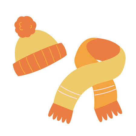 Orange-yellow scarf and hat. Warm accessories for the winter. Clothes vector illustration isolated on white background. Flat minimalism style in trendy color cuteのイラスト素材