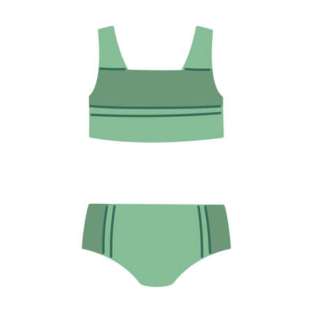Girl s green striped swimsuit. Separate top and swimming trunks. Vector icon isolated on white. Summer wardrobe baby cuteのイラスト素材