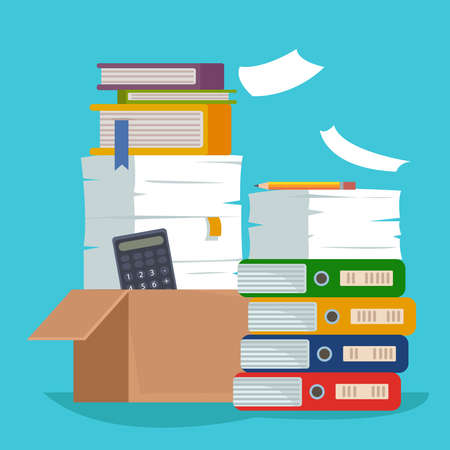 Heap of paper document file folders and cardboard boxes. Huge pile of paperwork. Bureaucracy concept. Flat style isolated vector illustration on white background flatのイラスト素材