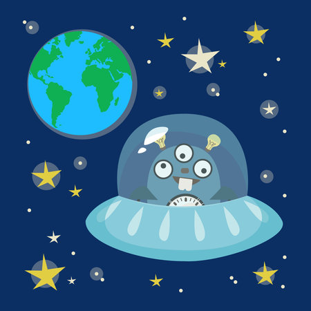 Ufo flying saucer in the background of space. Planet Earth and stars. Vector in cartoon style.のイラスト素材