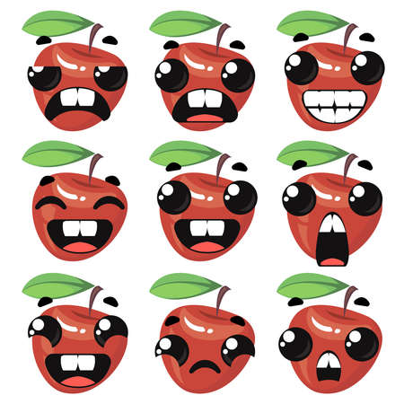 Red apple with different emotions. Set of characters on a white background. Vector illustration in cartoon style.のイラスト素材