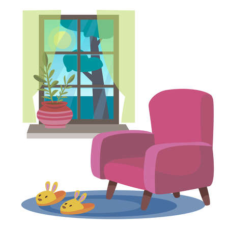 The chair is next to the window. Hugge style. Cartoon illustration cuteのイラスト素材