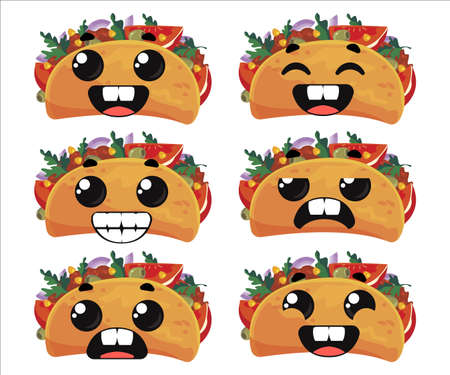 Set tacos with emotions. Children s funny clipart. Vector illustration in cartoon style fun cartoon setのイラスト素材