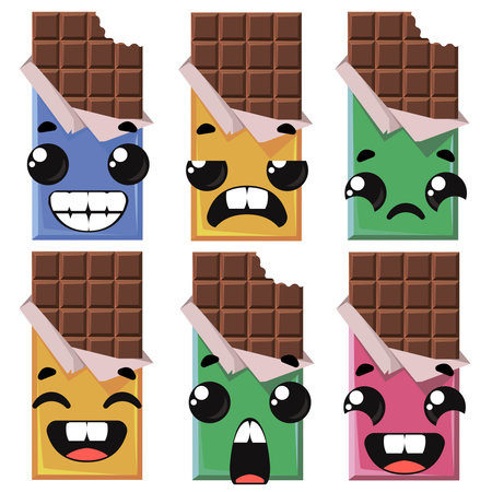 Chocolate set with different emotions. Vector illustration in cartoon childish style funのイラスト素材