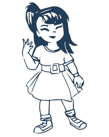 Clipart black outline child schoolboy girl waving hand. Vector illustration in cartoon style .. Line art coloring bookのイラスト素材