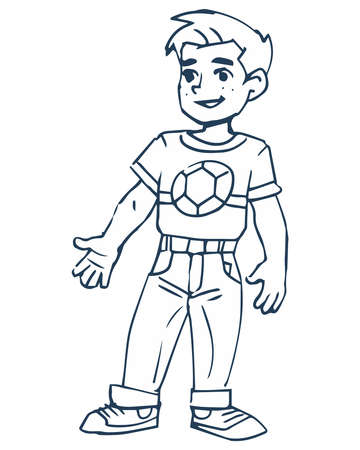 Line art coloring book. Clipart black outline child schoolboy athlete soccer player. Vector illustration in cartoon style. Coloringのイラスト素材