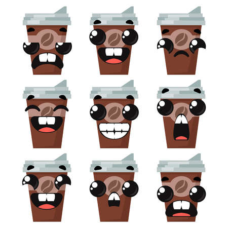 Set of coffee glasses with different emotions. Vector illustration in cartoon childish style.のイラスト素材
